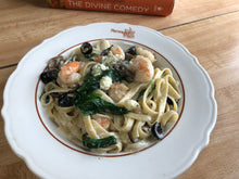 Load image into Gallery viewer, Gorgonzola Alfredo w shrimp, spinach, mushrooms and black olives