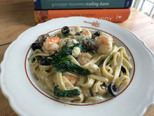Load image into Gallery viewer, Gorgonzola Alfredo w shrimp, spinach, mushrooms and black olives
