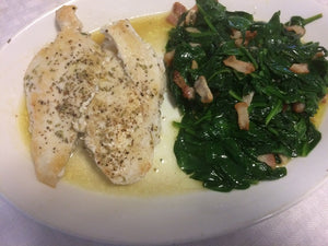 Chicken, pork chop or salmon with bacon fried greens