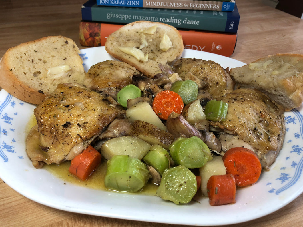 Pan Fried Rosemary Chicken with veggies and REAL Garlic Bread