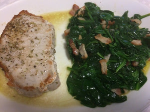 Chicken, pork chop or salmon with bacon fried greens